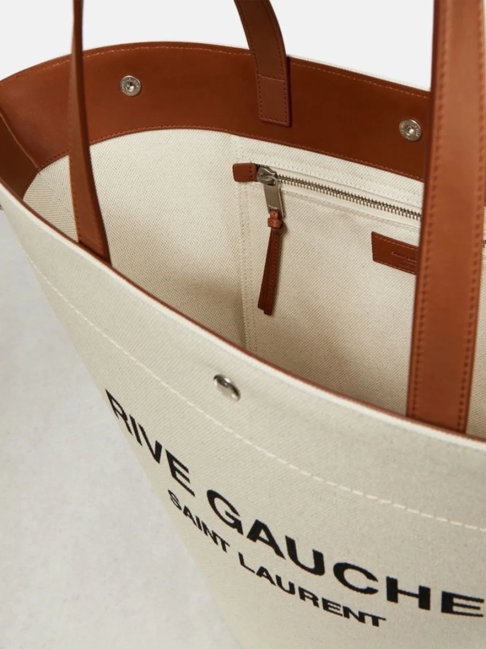 Saint Laurent YSL Rive Gauche Canvas Logo Leather Tote Shoulder Bag - Picture 6 of 15